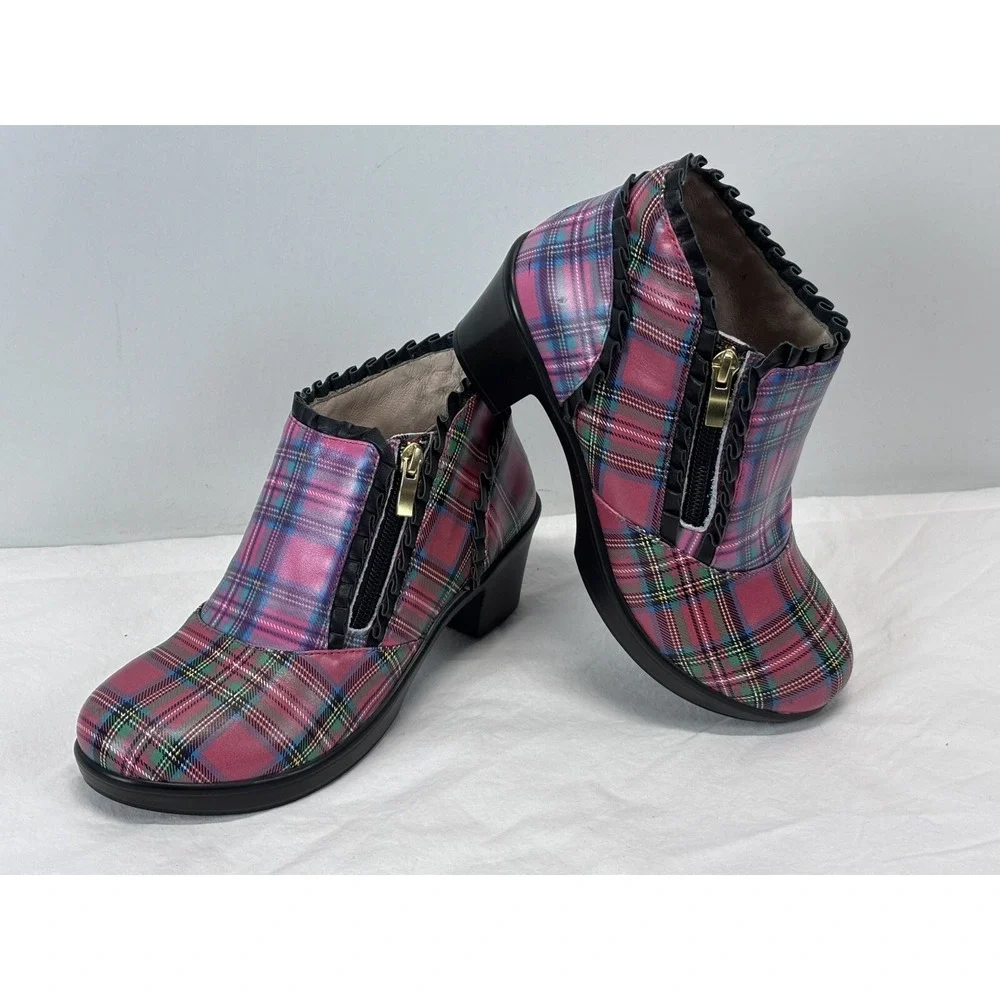NEW! Alegria Hannah Tartan Bootie Sz 36 US 6.5? Women's Red Pink Plaid Zip Shoes